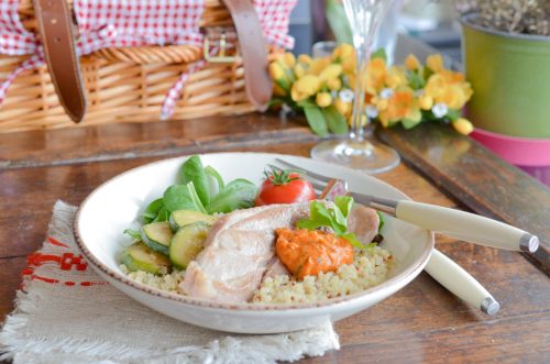 Dinde au pesto rosso, quinoa et courgettes grillées