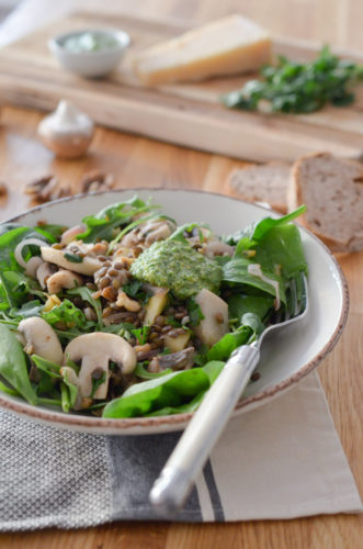 Salade tiède de champignons et pesto de roquette